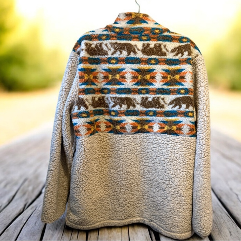 Simply Southern Quarter Zip Pullover Cream/Bear Tribal Sherpa Women’s XL Fleece - Picture 2 of 5